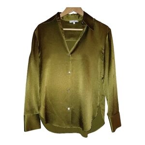 Vince Olive Satin Shirt with Logo Tag